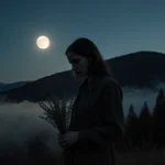 Veronica Compton stands at forest edge with wildflowers and moon casting shadows across her face