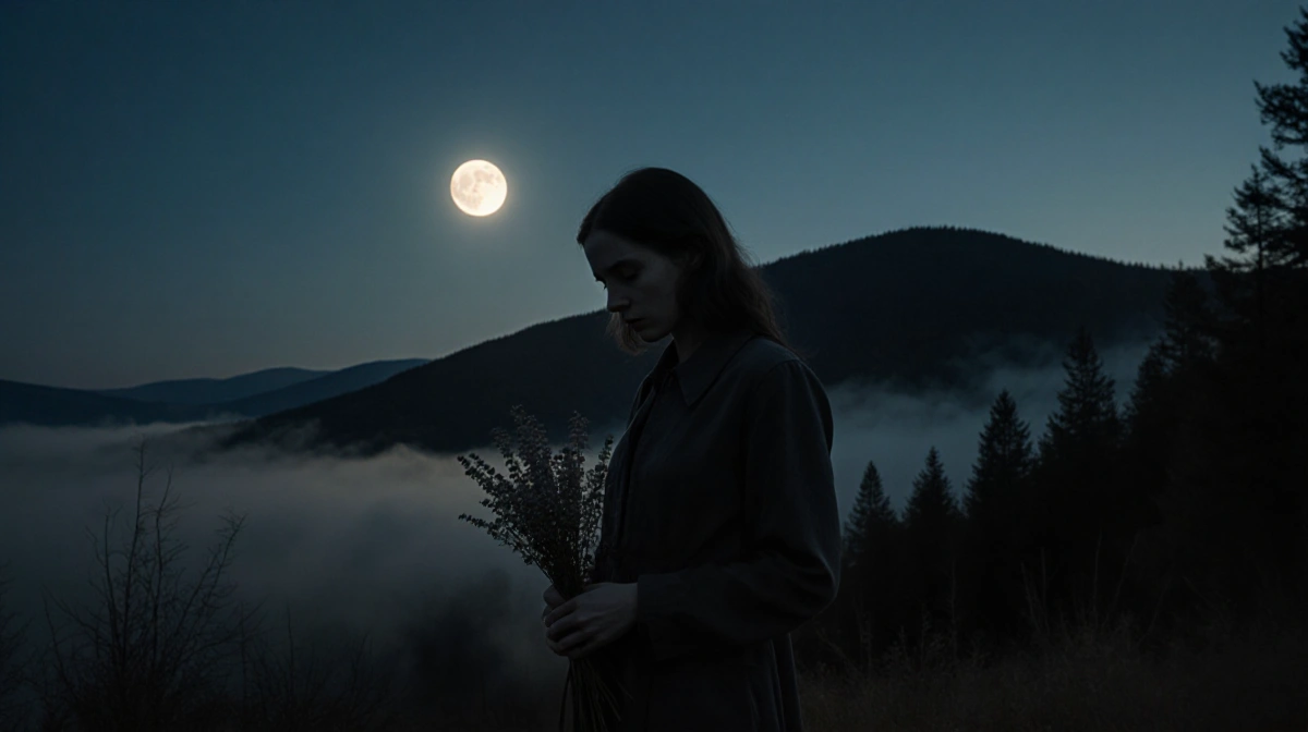 Veronica Compton stands at forest edge with wildflowers and moon casting shadows across her face