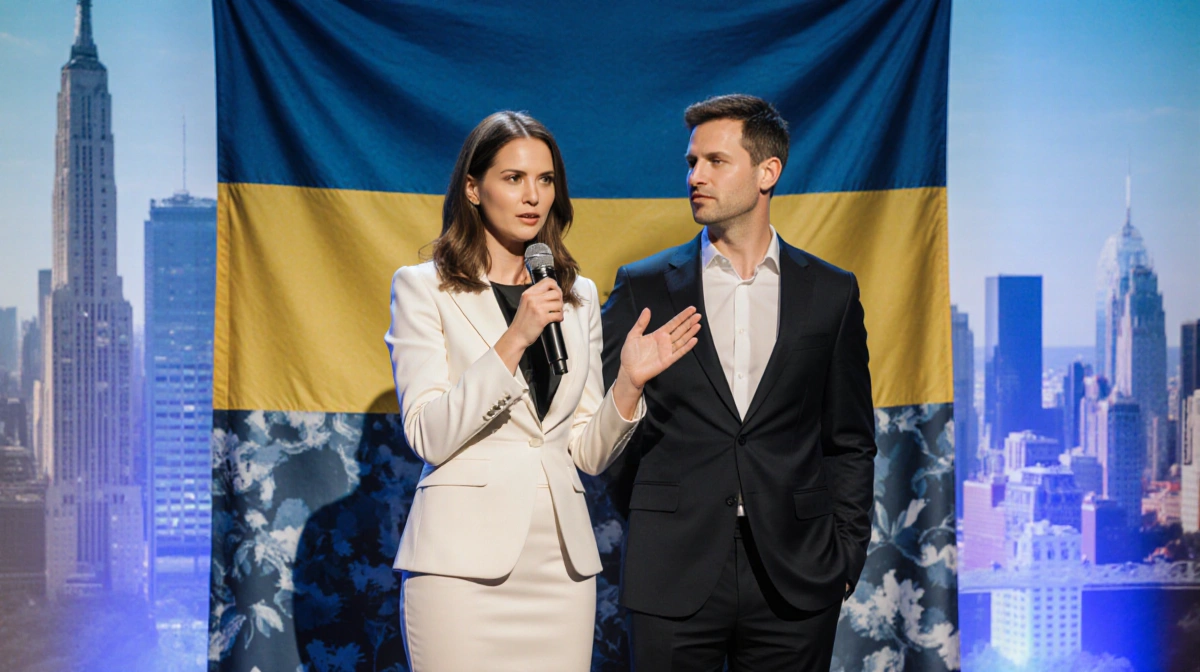Veronika McVay speaking into microphone with Ukrainian flag behind her and Sean McVay standing beside her