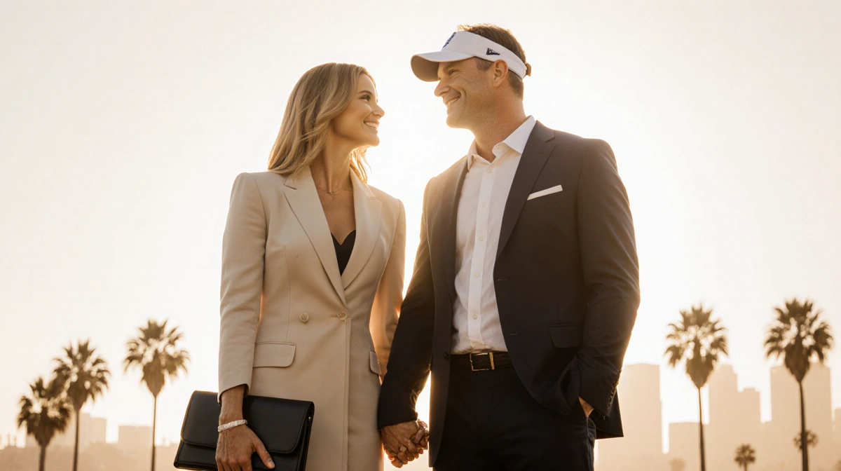 Veronika and Sean McVay holding hands with palm trees and LA skyline behind them showing NFL pride