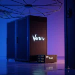 Modern data center servers glow with blue and purple lights showing Vertiv and Nvidia Rubin AI logos
