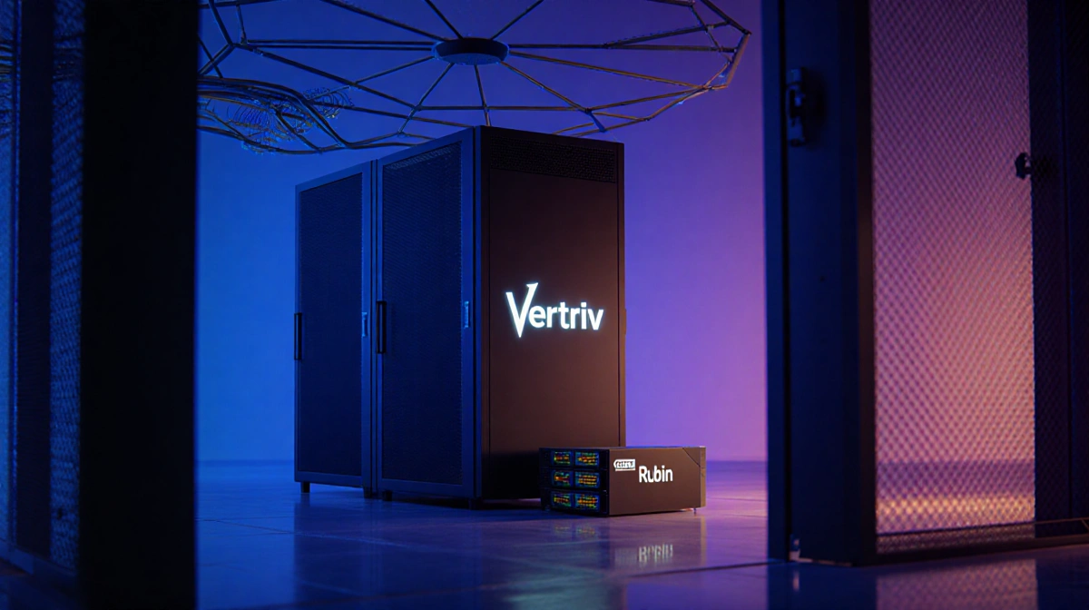 Modern data center servers glow with blue and purple lights showing Vertiv and Nvidia Rubin AI logos