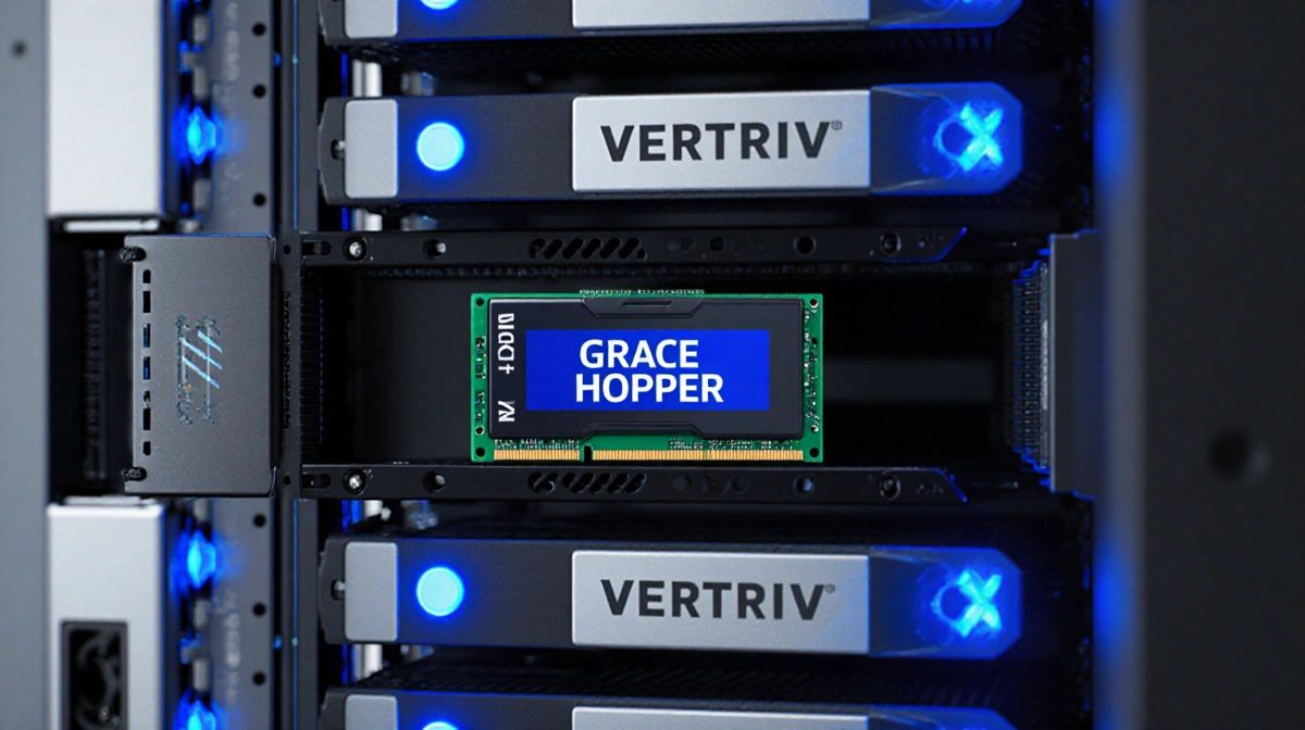 Vertiv rack houses Nvidia Grace Hopper GPUs with cooling systems and lithium batteries showing partnership innovation