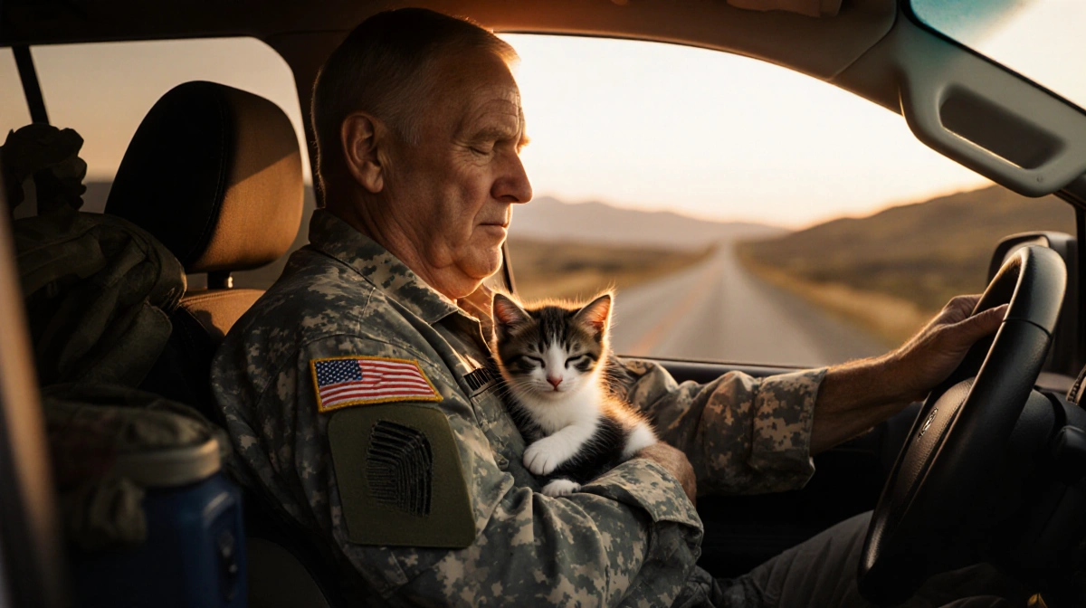 Weary veteran holds sleeping rescue kitten in lap with golden sunset through SUV window and packed supplies visible