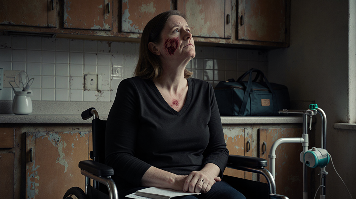 Clare Garrett, a veterinary nurse, sits in a wheelchair looking up at an old dented kitchen cabinet with pet notes on floor