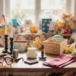 Colorful marketplace products arranged on wooden table with sunglasses and tote bag in natural light
