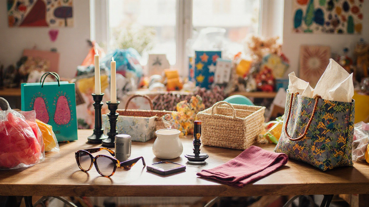 Colorful marketplace products arranged on wooden table with sunglasses and tote bag in natural light