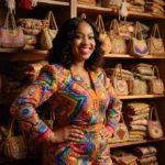 Woman smiles confidently with hands on hips and colorful beaded handbags filling shelf behind her
