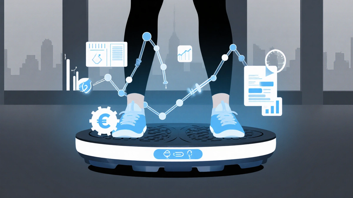 Person standing on vibration plate with fitness charts showing modest gains and gym background