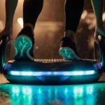 Fitness enthusiast stepping onto vibration plate with blue-green lights glowing and face showing excitement