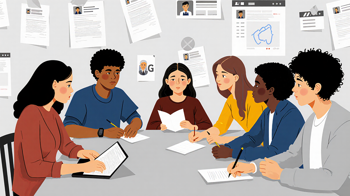 Young adults sharing victim stories with handwritten notes and laptops against police reports and support groups