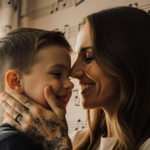 Victoria Beckham cradles her son Cruz with gentle hands and warm light and musical notes around them showing love.