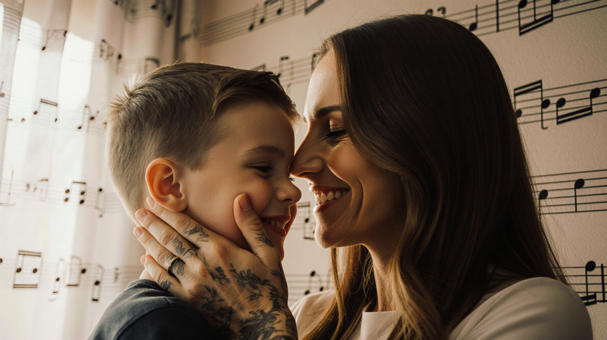 Victoria Beckham cradles her son Cruz with gentle hands and warm light and musical notes around them showing love.