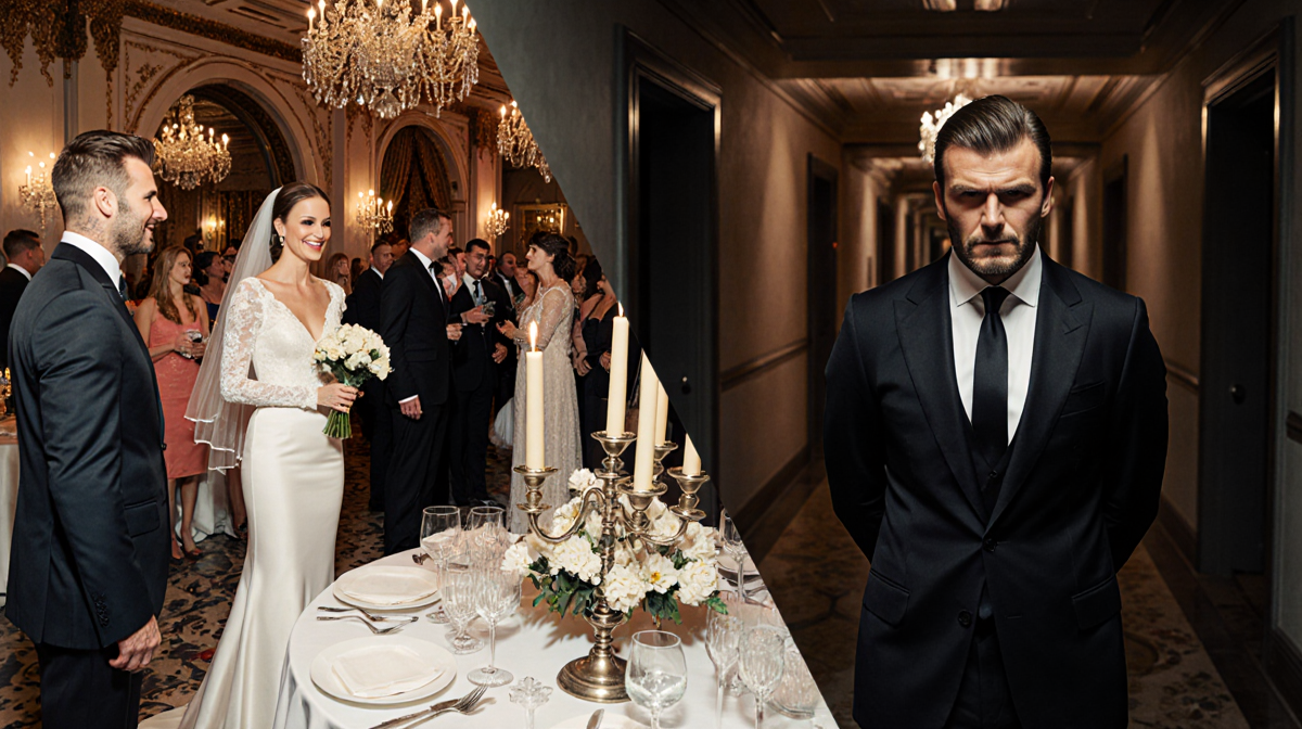Victoria Beckham stands poised at wedding reception with guests smiling and David Beckham stands alone in dim hallway behind