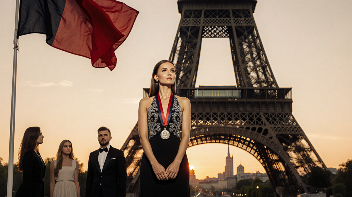Victoria Beckham standing with her back to the Eiffel Tower at sunset with a fluttering red and black French flag.