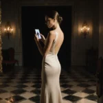 Victoria Beckham watching embarrassing wedding dance video on phone with vintage dance floor mirrors behind her