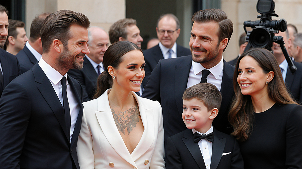 Victoria Beckham stands with her husband David and children Romeo and Cruz smiling family at Paris celebration