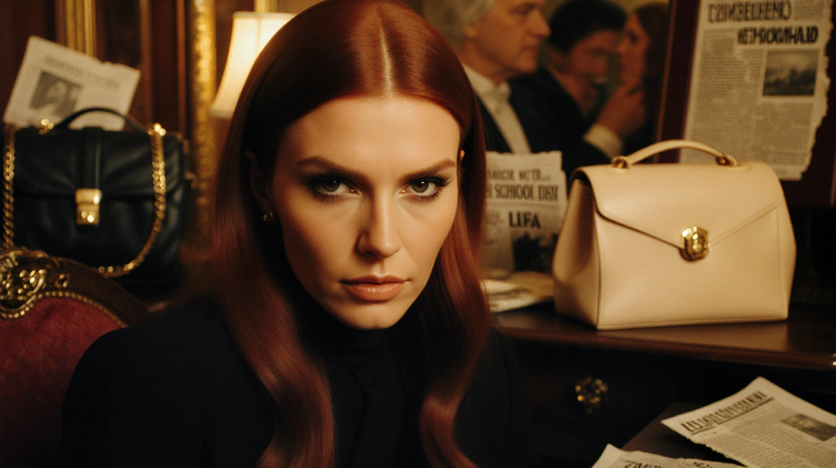 Victoria Beckham sits with calm determination showing her iconic red hair with vintage designer handbags and luxury watches n