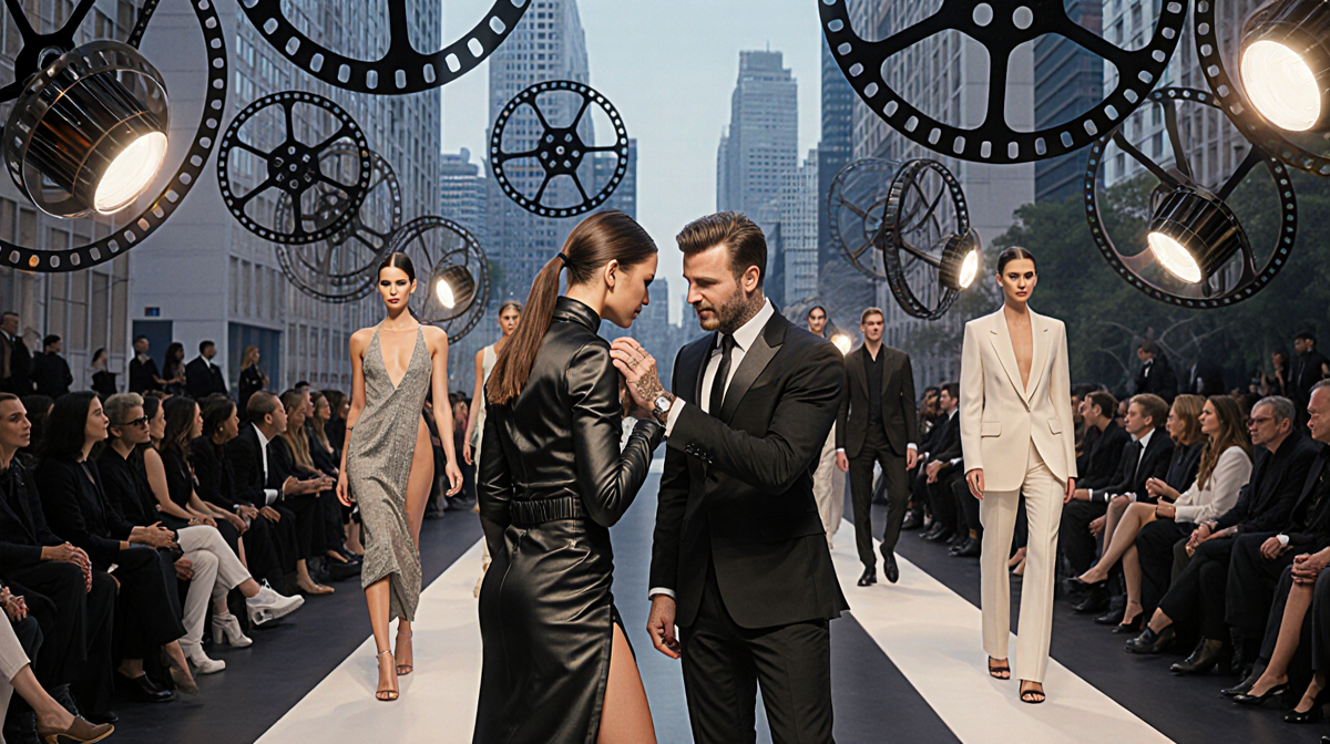 Victoria Beckham standing next to David Beckham with film reels and fashion show catwalk.