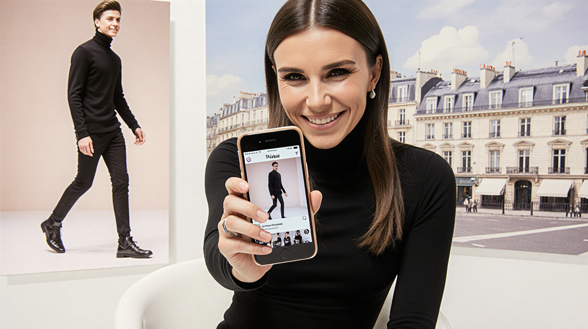 Victoria Beckham smiles holding her phone with Instagram Stories of Vogue France in view against a subtle Parisian skyline