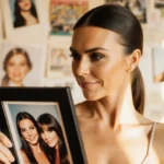 Victoria Beckham holding framed Spice Girls photo of Emma Bunton with golden lighting and nostalgic memorabilia behind