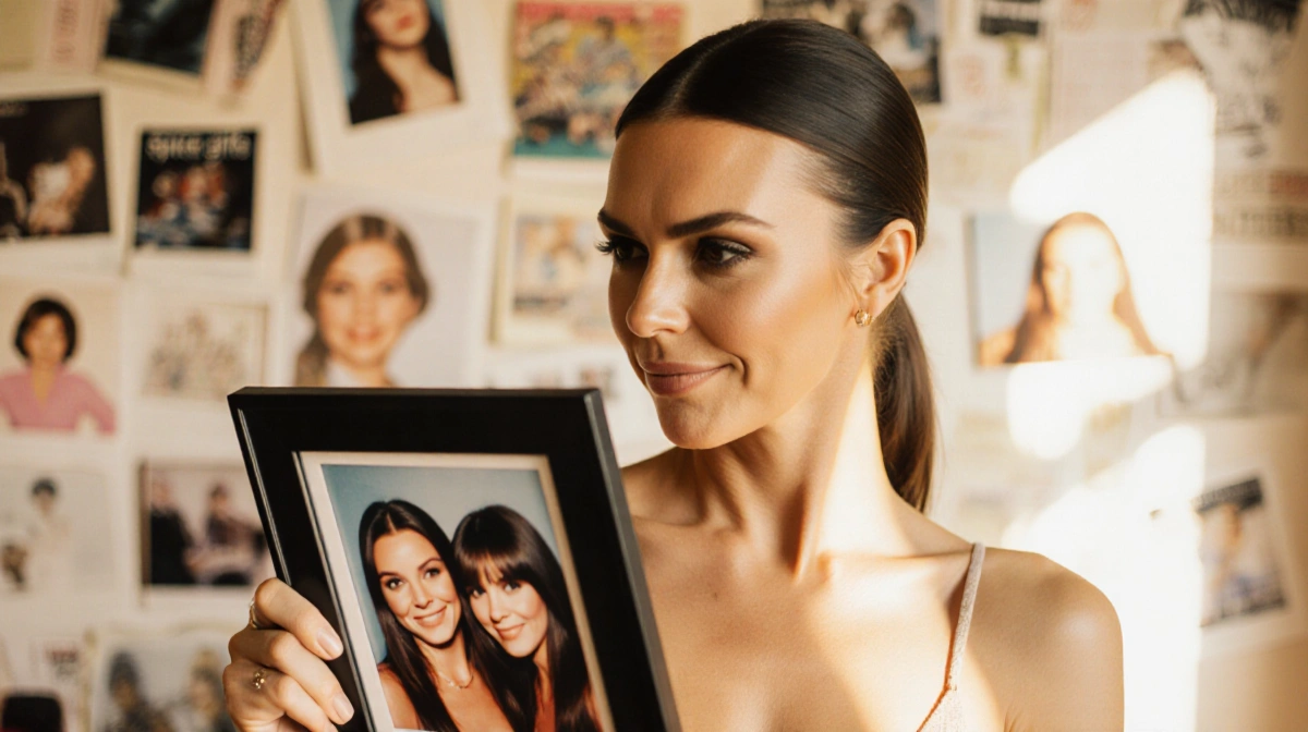 Victoria Beckham holding framed Spice Girls photo of Emma Bunton with golden lighting and nostalgic memorabilia behind