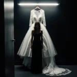Victoria Beckham stands alone in dressing room with abandoned wedding dress hanging behind her and veil on floor