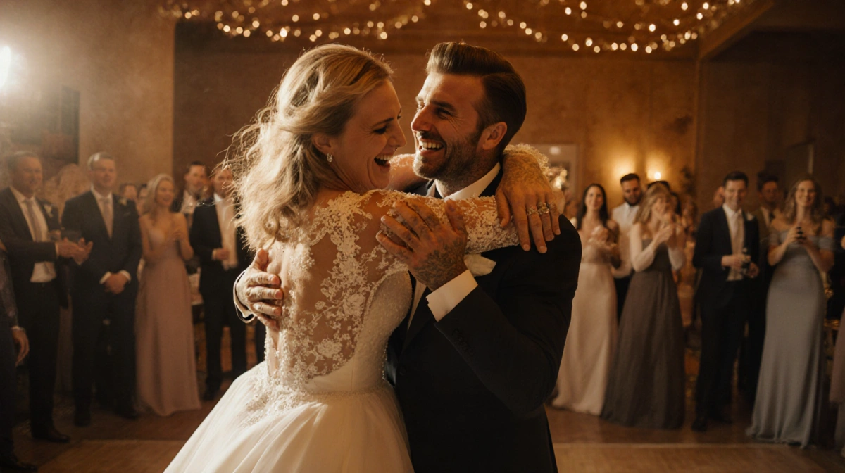 Victoria Beckham hugging Brooklyn and Nicola during their wedding dance with the couple looking uncomfortable as she spins be