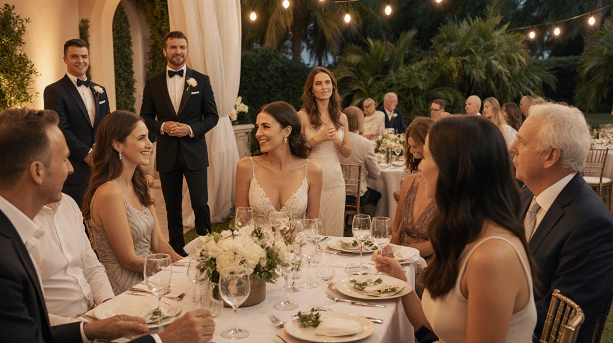 Victoria Beckham welcomes guests at a Palm Beach wedding reception with lush greenery and lighting a guest shows discomfort.