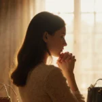 Victoria Kozlyuk stands with back to viewer facing golden window with designer bags and jewelry nearby