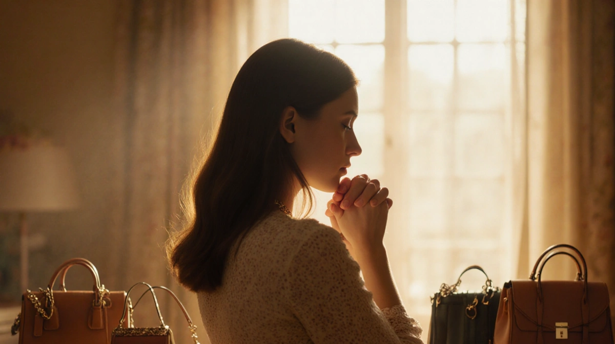 Victoria Kozlyuk stands with back to viewer facing golden window with designer bags and jewelry nearby