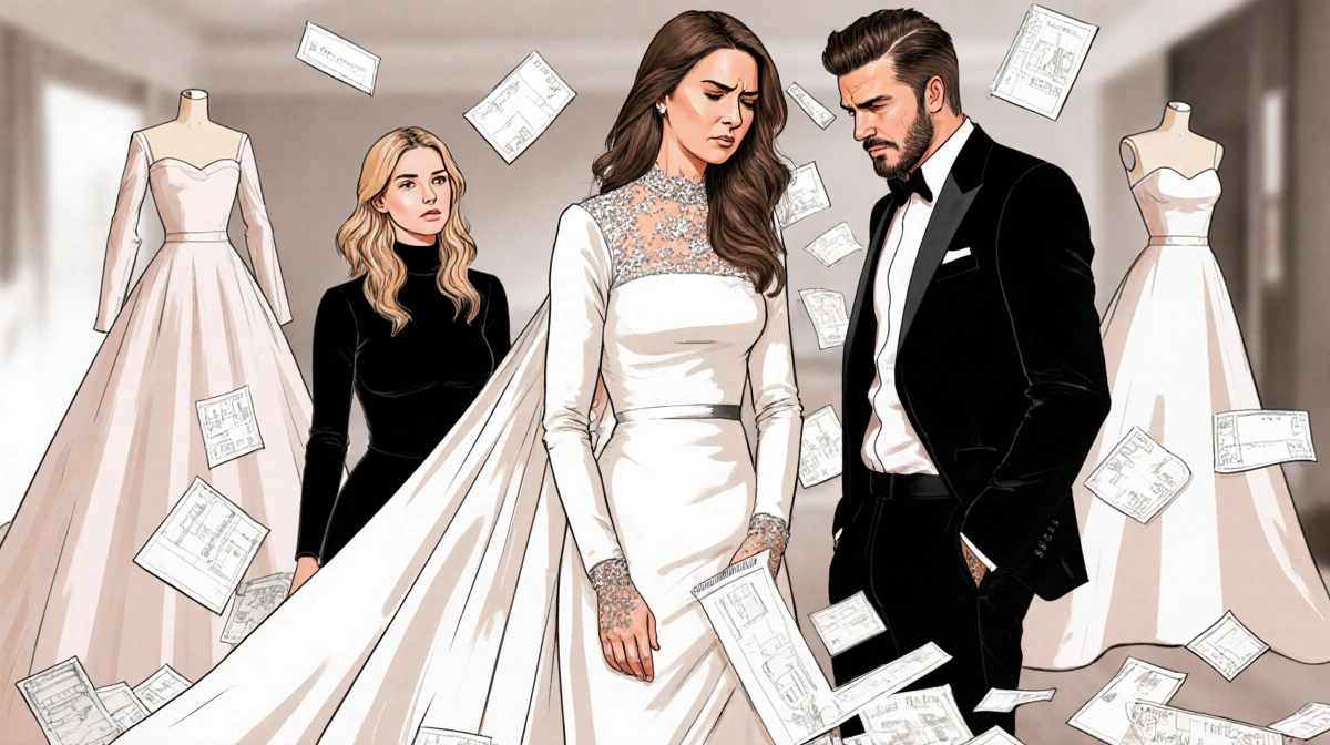 Victoria Beckham frantically sorts wedding dress sketches with Brooklyn looking upset and Nicola watching in confusion