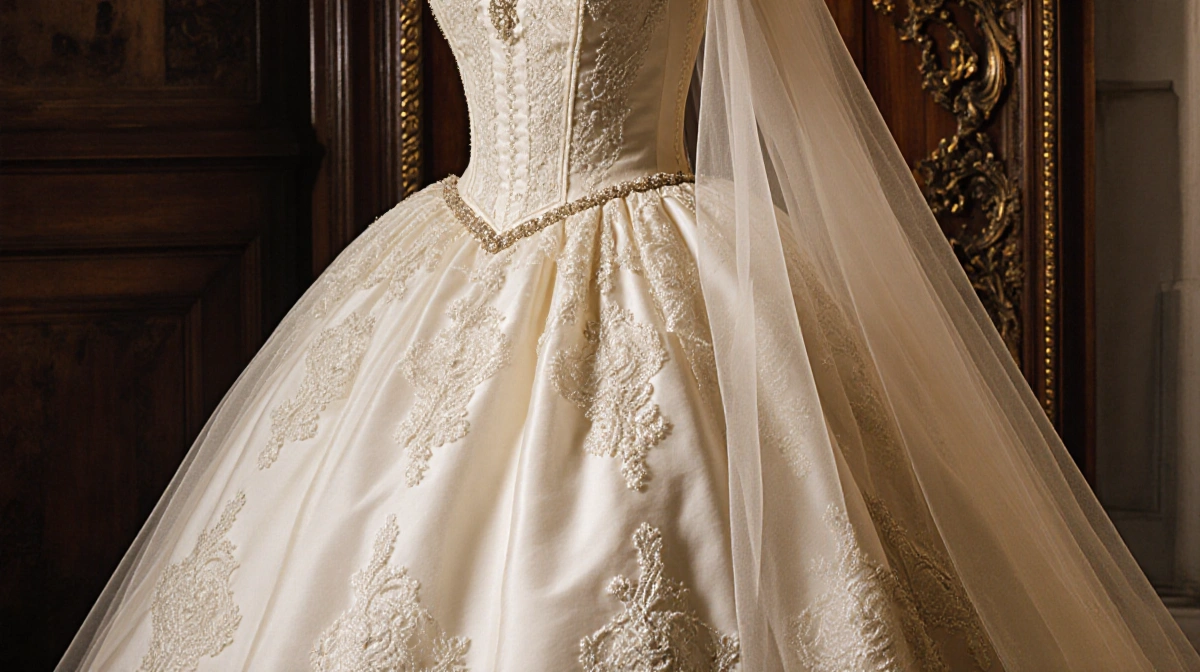 Victorian ivory wedding dress with lace appliqué and embroidery draped over antique wooden dress form with warm lighting