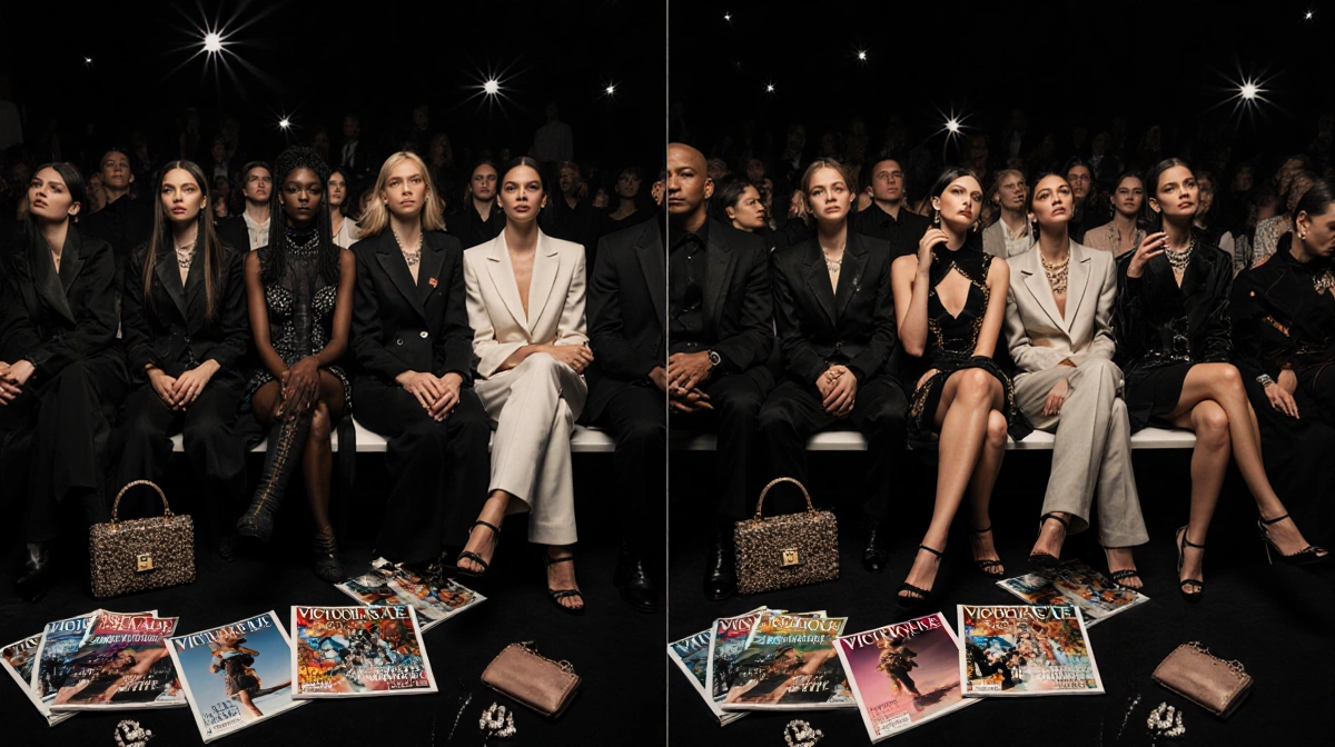 Front row models watching Victoria's Secret runway with designer handbags and jewelry scattered on floor