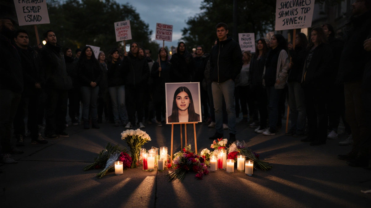 Crowd gathers at candlelit memorial with flowers honoring young woman whose photo rests on sidewalk