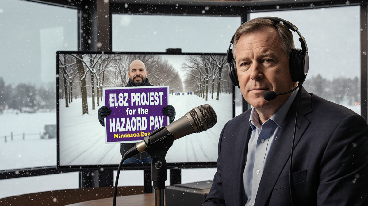 Allen broadcasting Minnesota Vikings with microphone and snowy landscape outside with screen showing protestor and hazard pay