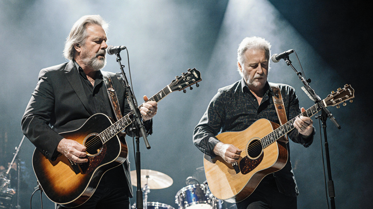 Vince Gill and Deacon Frey play guitar on stage without Joe Walsh with soft light showing collaboration during an Eagles show