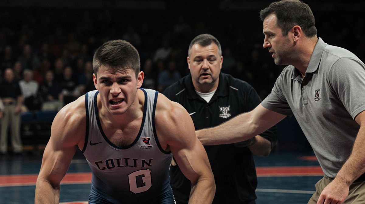 Vinny Freeman wrestling his father coach with assistant coach watching and guiding him off the mat