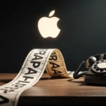 Vintage stock ticker rolls from under wooden desk with antique phone and floating Apple logo showing 1984 design