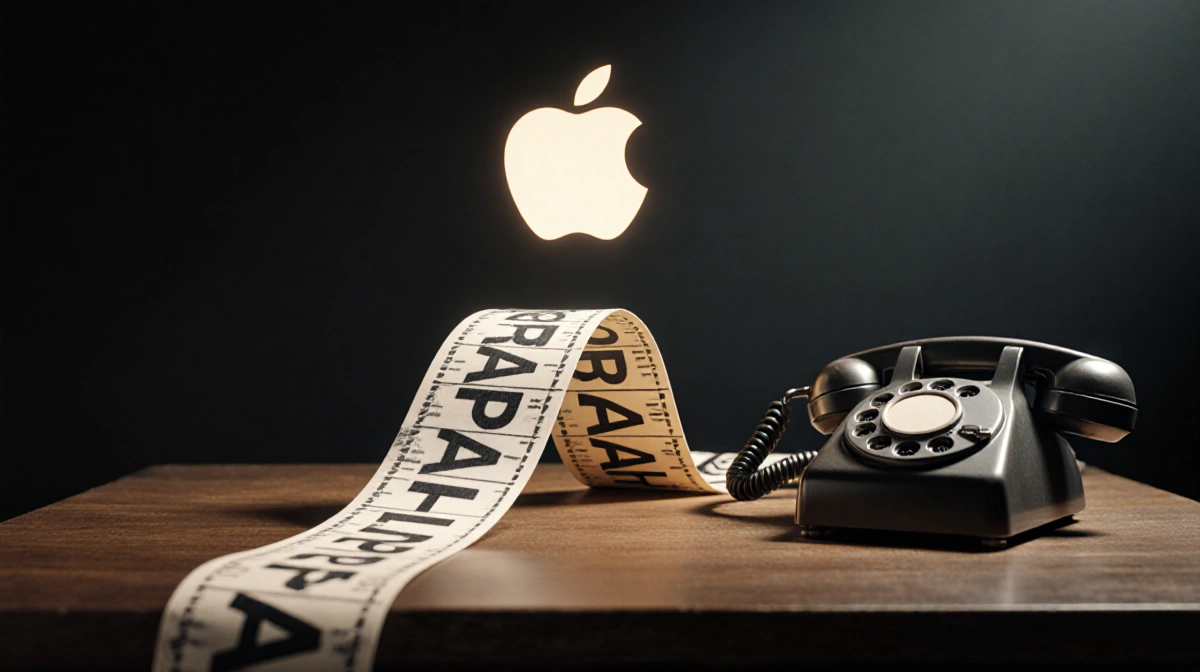 Vintage stock ticker rolls from under wooden desk with antique phone and floating Apple logo showing 1984 design