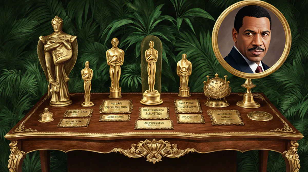 Denzel Washington gazes warmly from corner with vintage award plaques and golden wood table