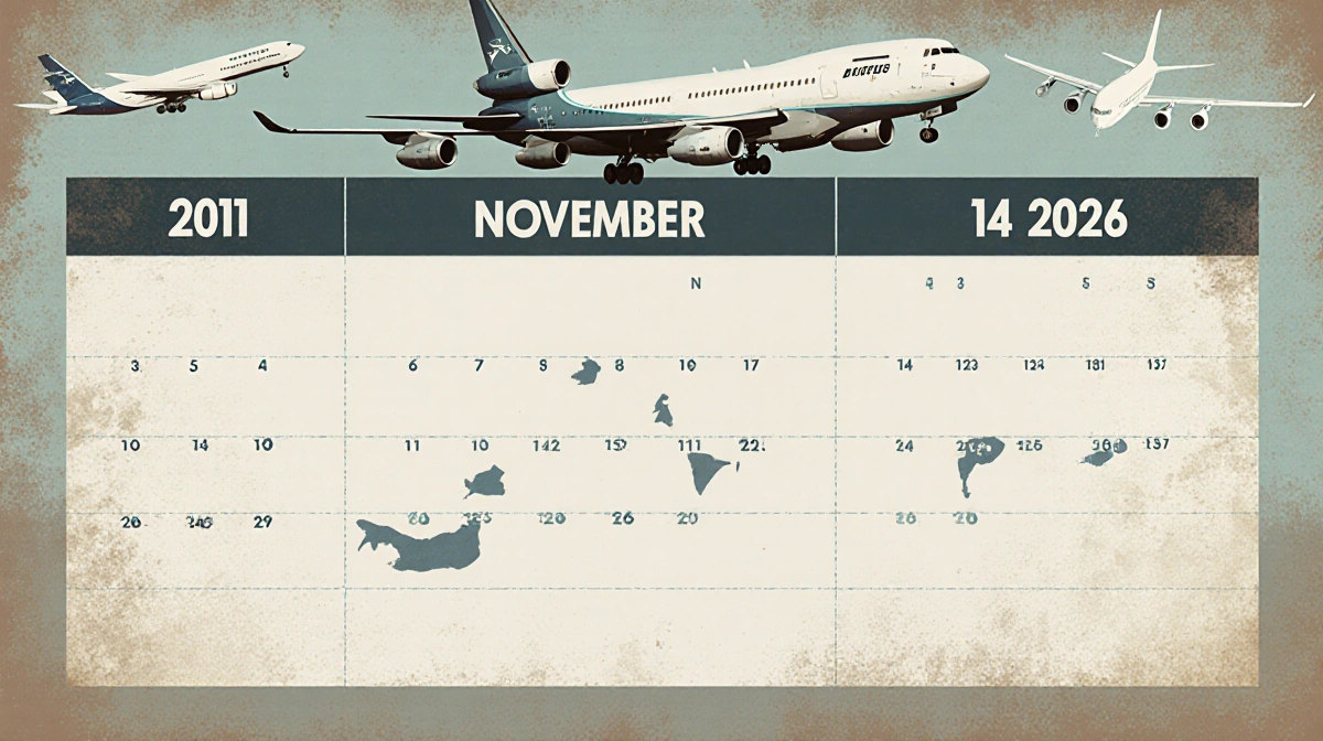 Vintage table calendar highlighting key dates with cargo plane silhouettes and aged wood texture