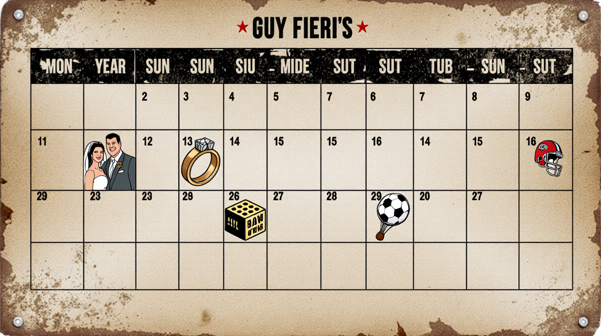 Table showing a vintage calendar with two columns and icons for wedding ring and baby block and sports theme