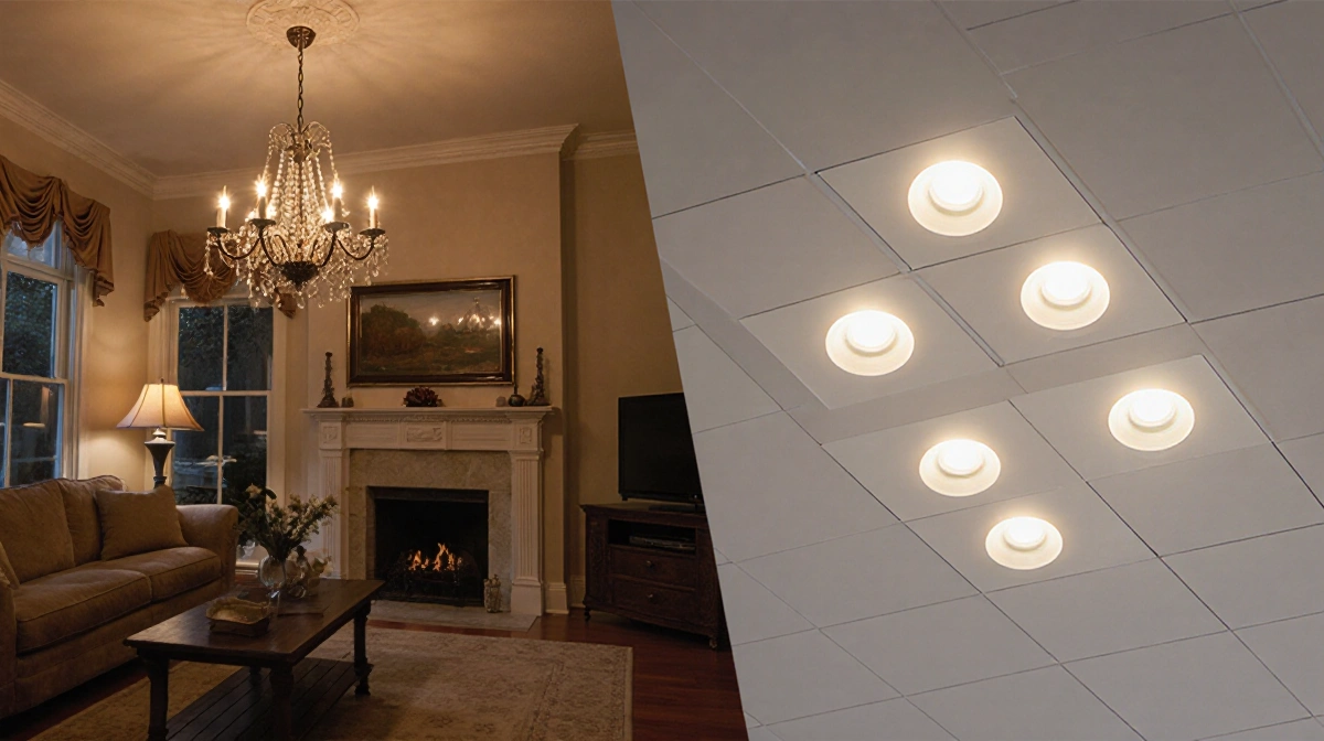 Ornate chandelier dominates living room with sleek recessed LED lights installed in ceiling showing modern lighting upgrade