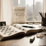 Crossword puzzle book lies open on cluttered vintage desk with pen and eraser bathed in warm window light