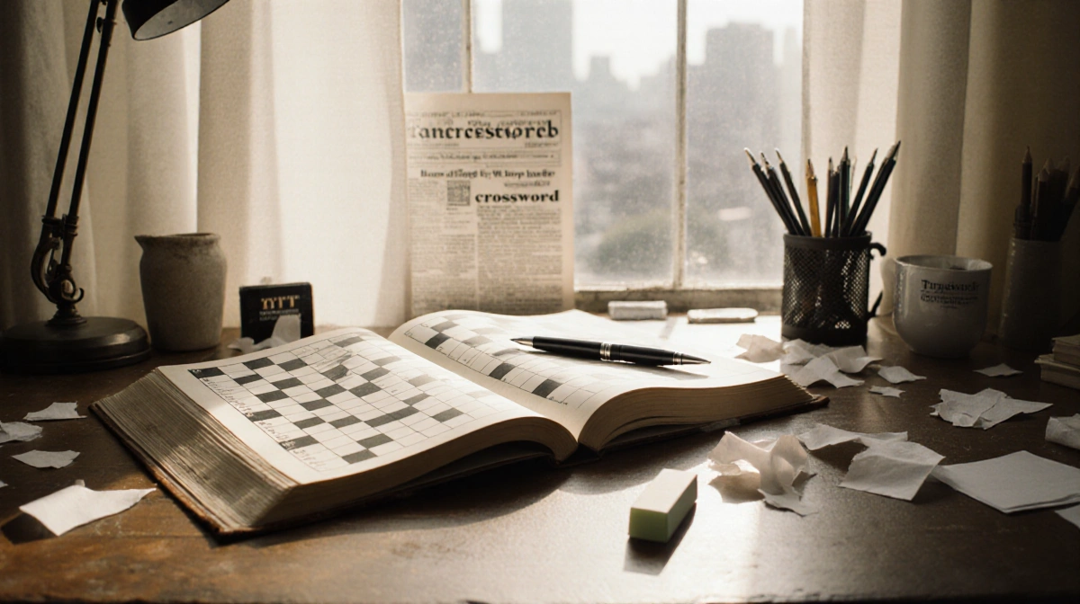 Crossword puzzle book lies open on cluttered vintage desk with pen and eraser bathed in warm window light