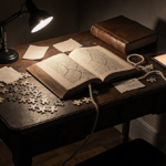 Puzzle pieces scattered across vintage desk with open leather book and glowing phone screen.