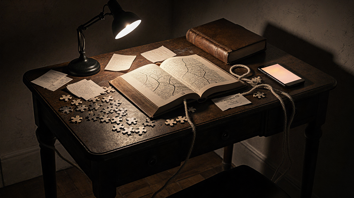 Puzzle pieces scattered across vintage desk with open leather book and glowing phone screen.