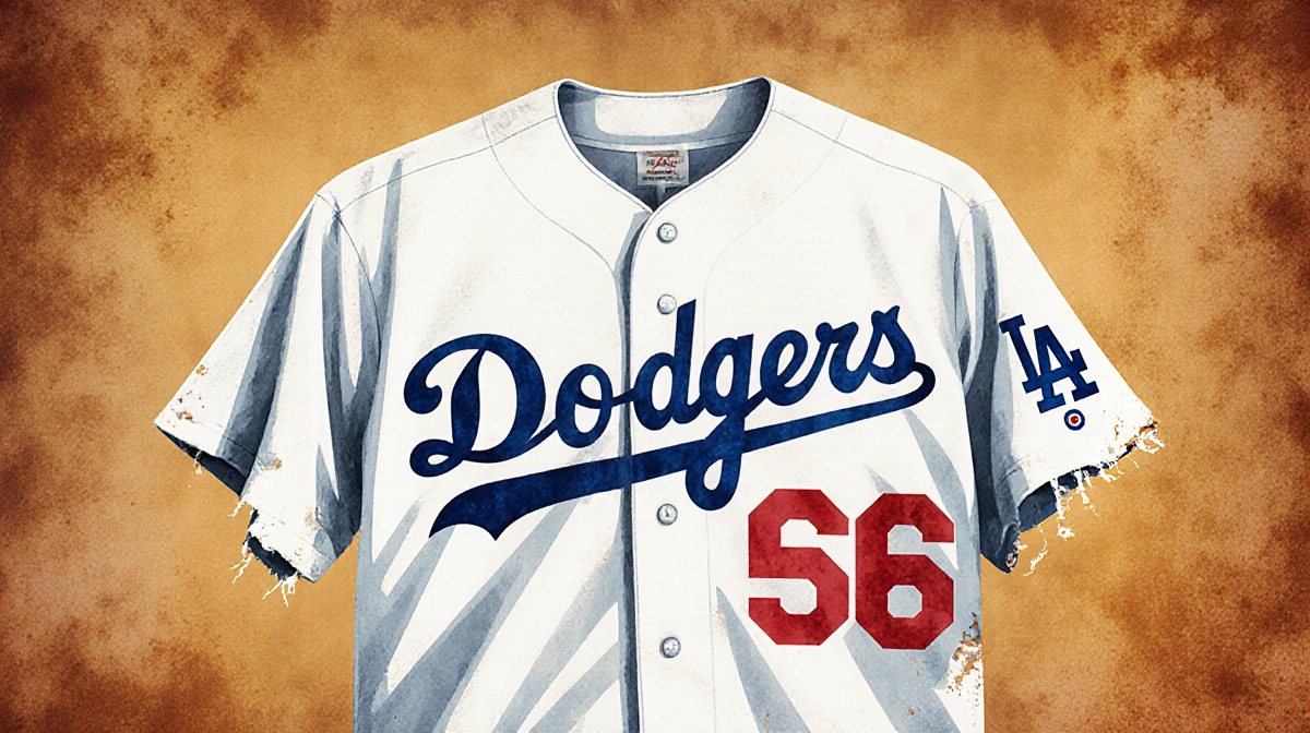Vintage Dodgers jersey showing faded white fabric with red numbers and scripted LA against worn denim background