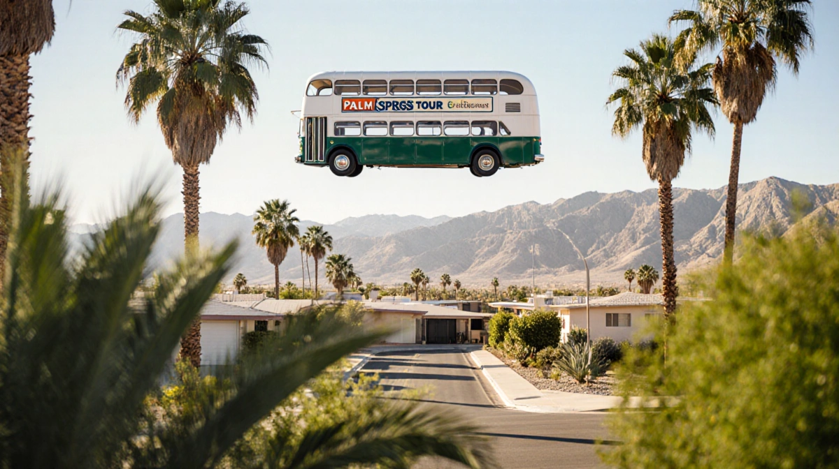 Vintage double-decker bus flying above palm trees with midcentury homes and Coachella Valley landscape below